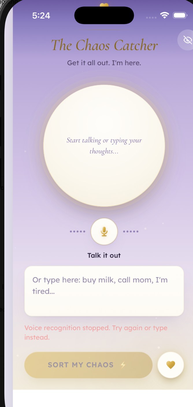 The ThriveMom Chaos Catcher screen, live in the App Store.